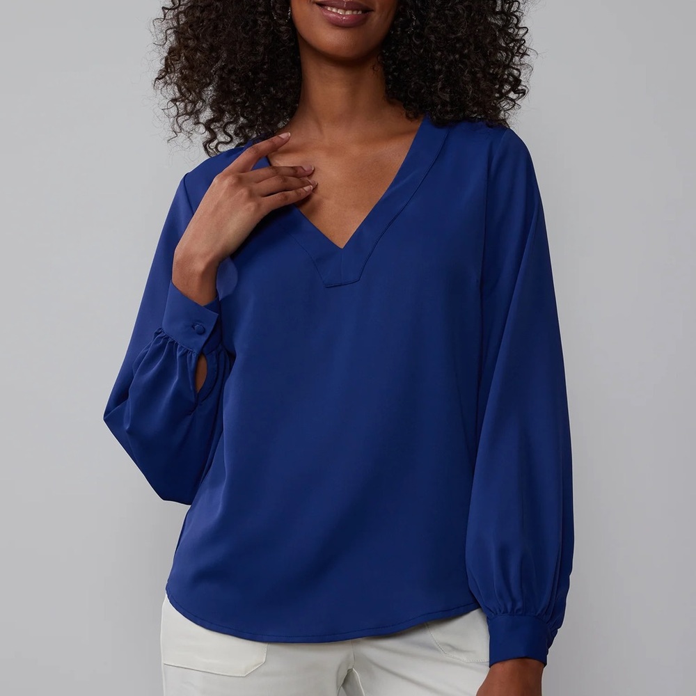 Nwt New York & Company L Solid Blue Long Sleeve V-Neck Blouse Top